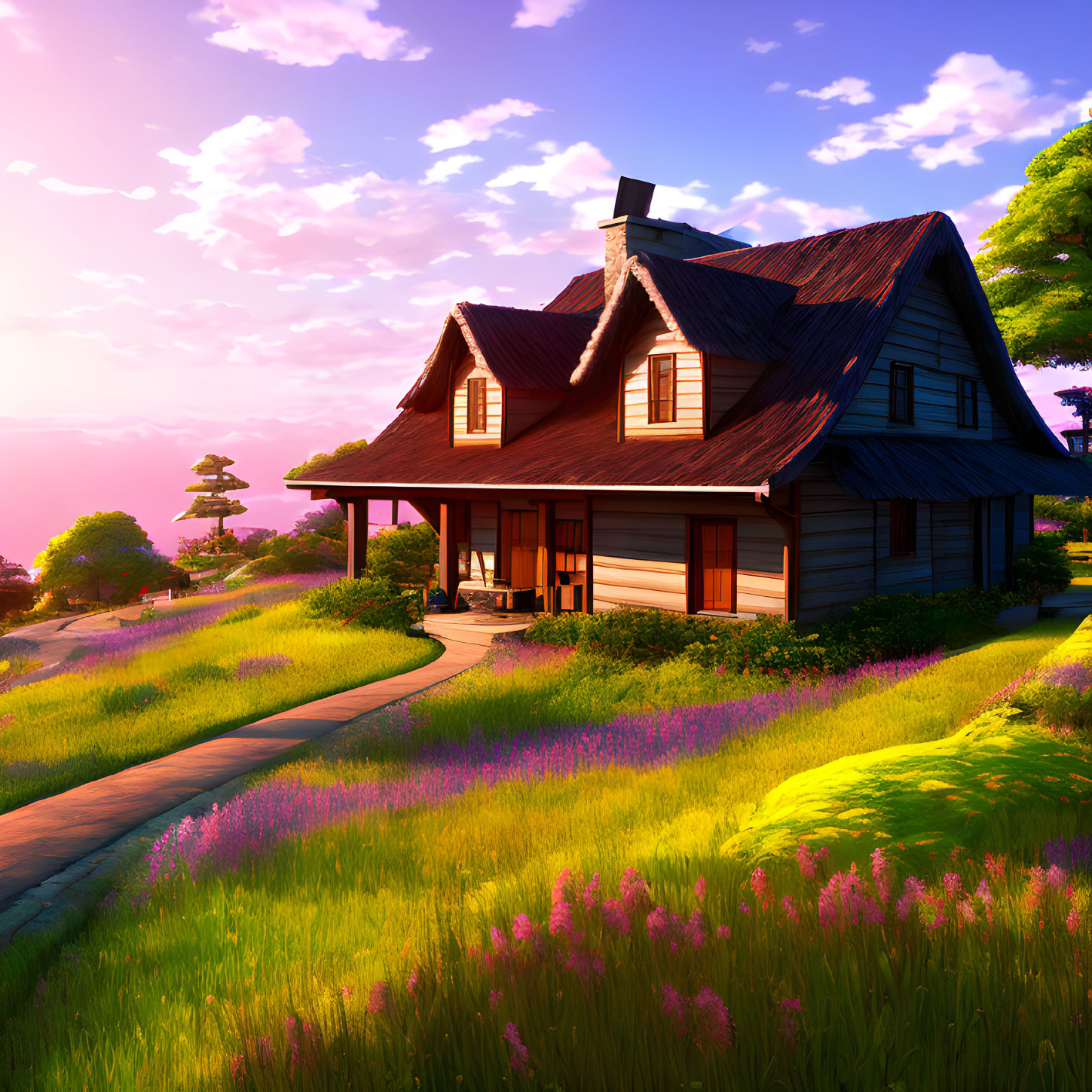 Dark wood exterior two-story house surrounded by greenery and wildflowers at sunset