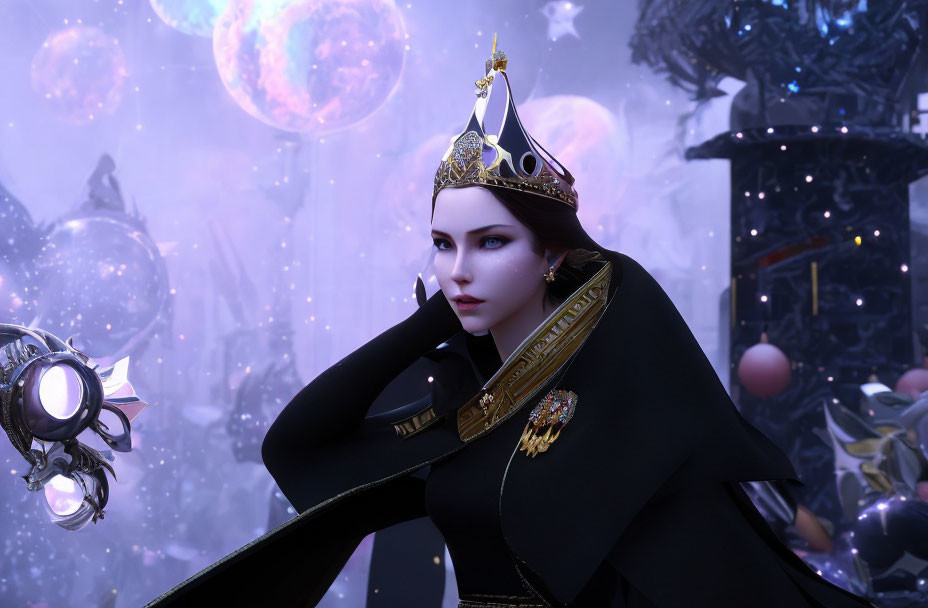 Regal woman in black cloak and golden crown in mystical setting