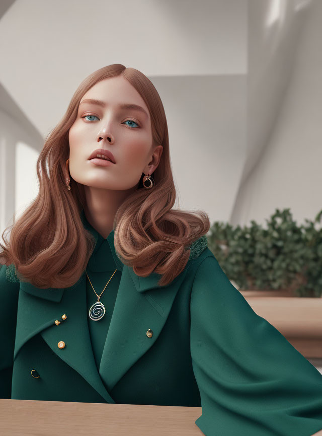 Digital artwork of woman with long wavy hair, blue eyes, green jacket, earrings, and neck