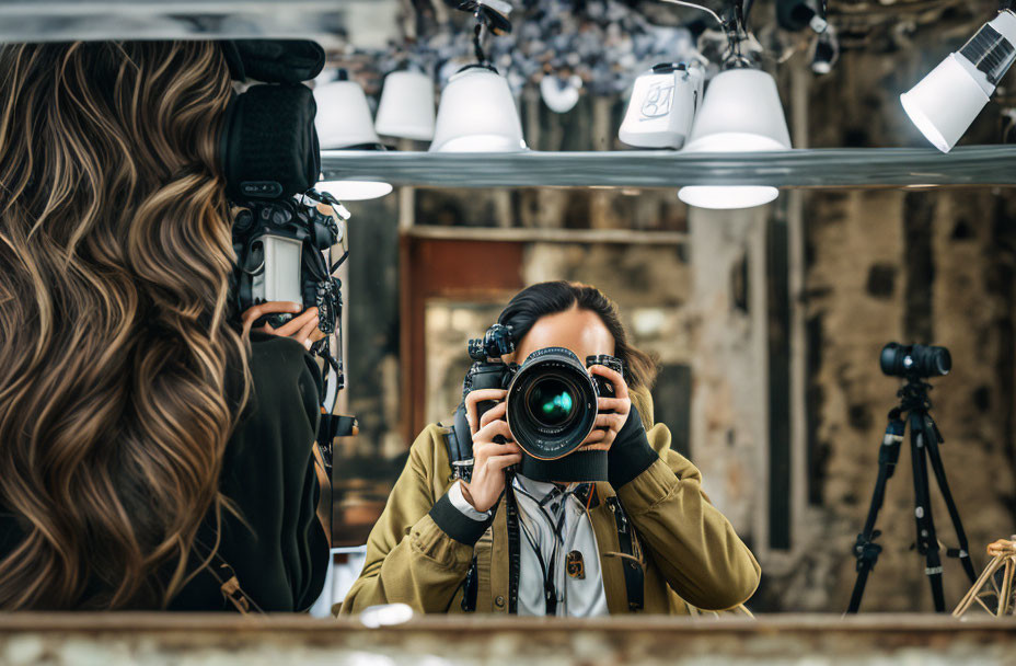 Photographer's DSLR mirror reflection with tripods in background