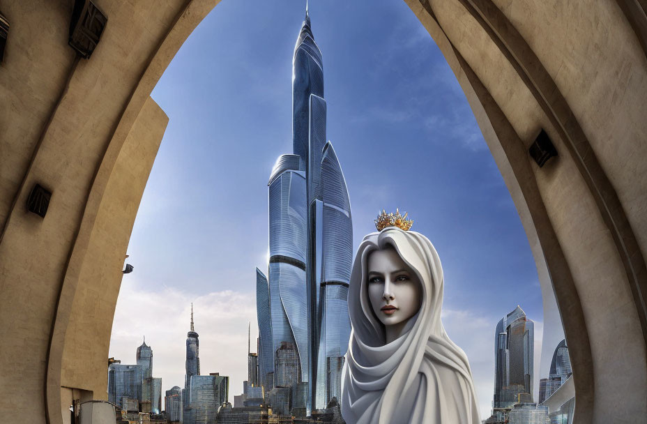 Woman in white hijab with futuristic cityscape and stone arches.