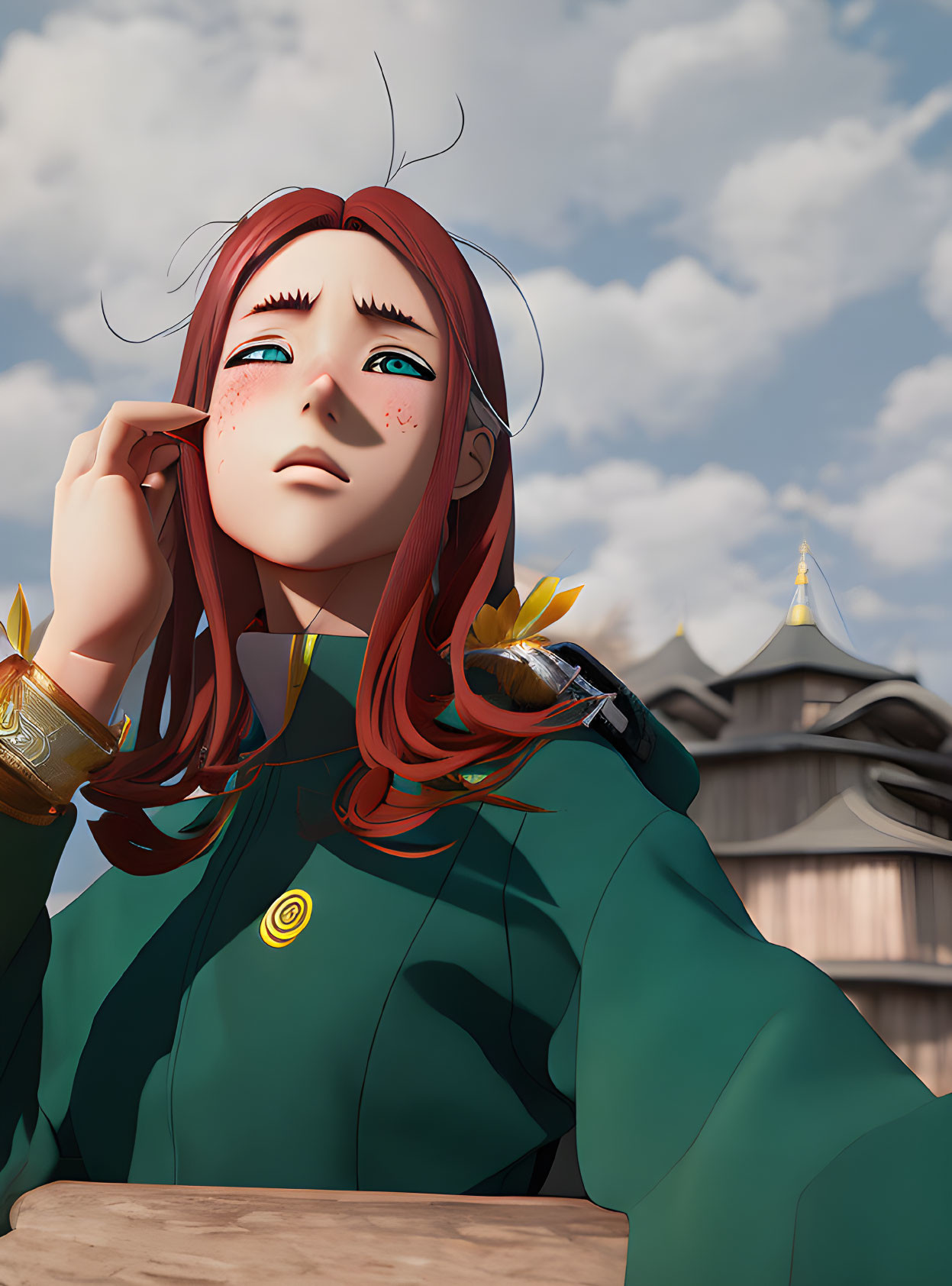 Red-haired female character in green outfit with freckles against blue skies and traditional buildings