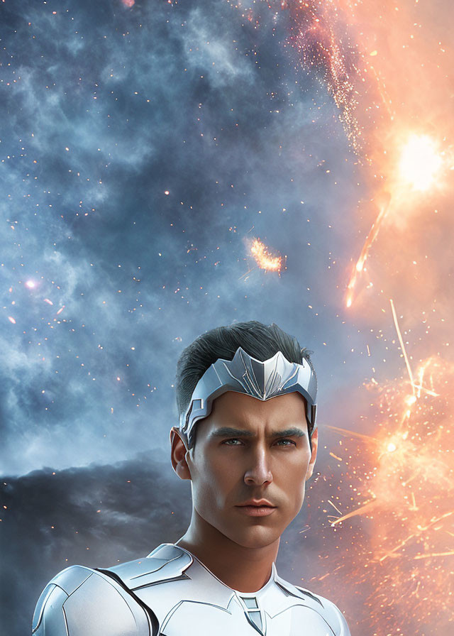 Futuristic silver armor man portrait against cosmic background