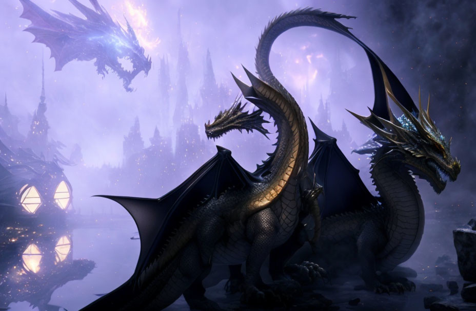 Black and Gold Dragons at Reflective Lake in Fantasy Landscape