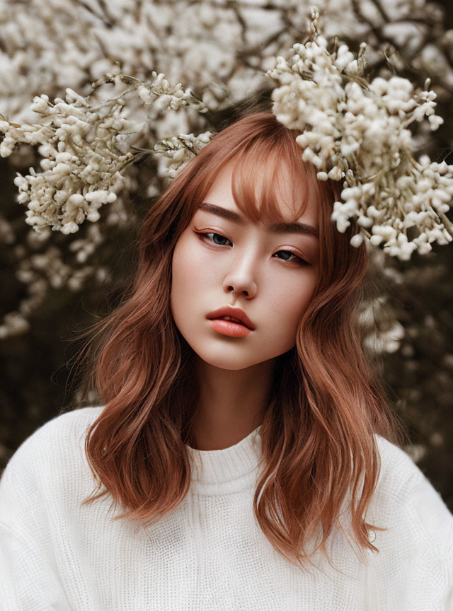 Woman with Wavy Hair under White Blossoms in White Sweater