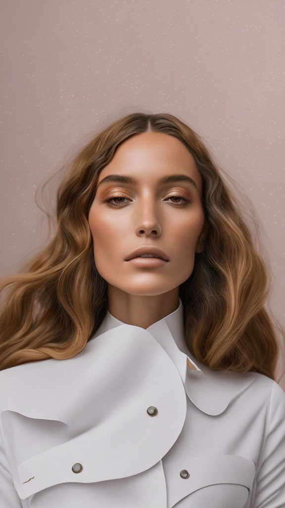 Portrait of Woman with Wavy Hair and Prominent Makeup on Sparkly Beige Backdrop