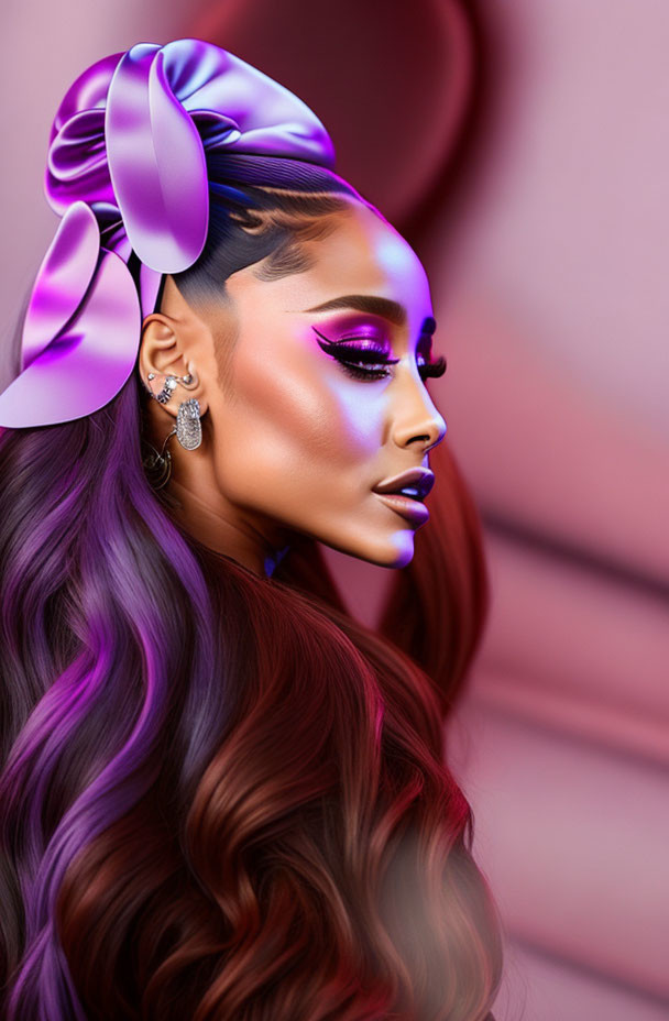 Woman with Purple Makeup and Bow in Hair on Pink Background