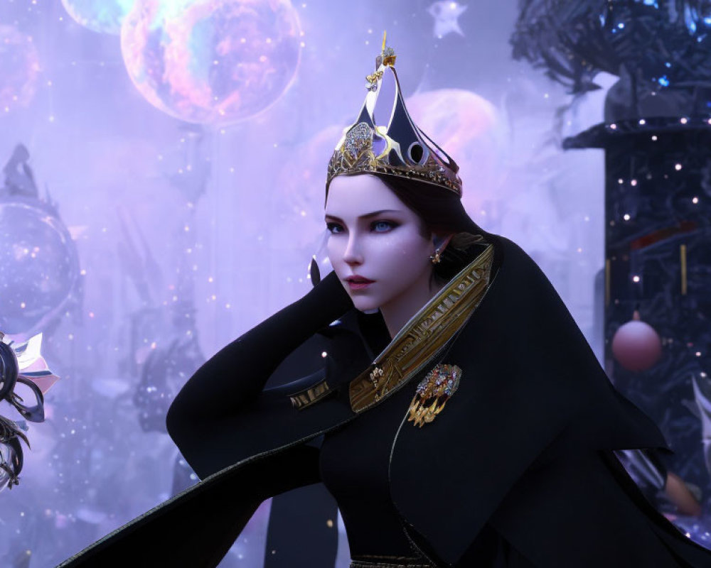 Regal woman in black cloak and golden crown in mystical setting