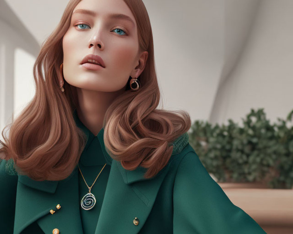 Digital artwork of woman with long wavy hair, blue eyes, green jacket, earrings, and neck