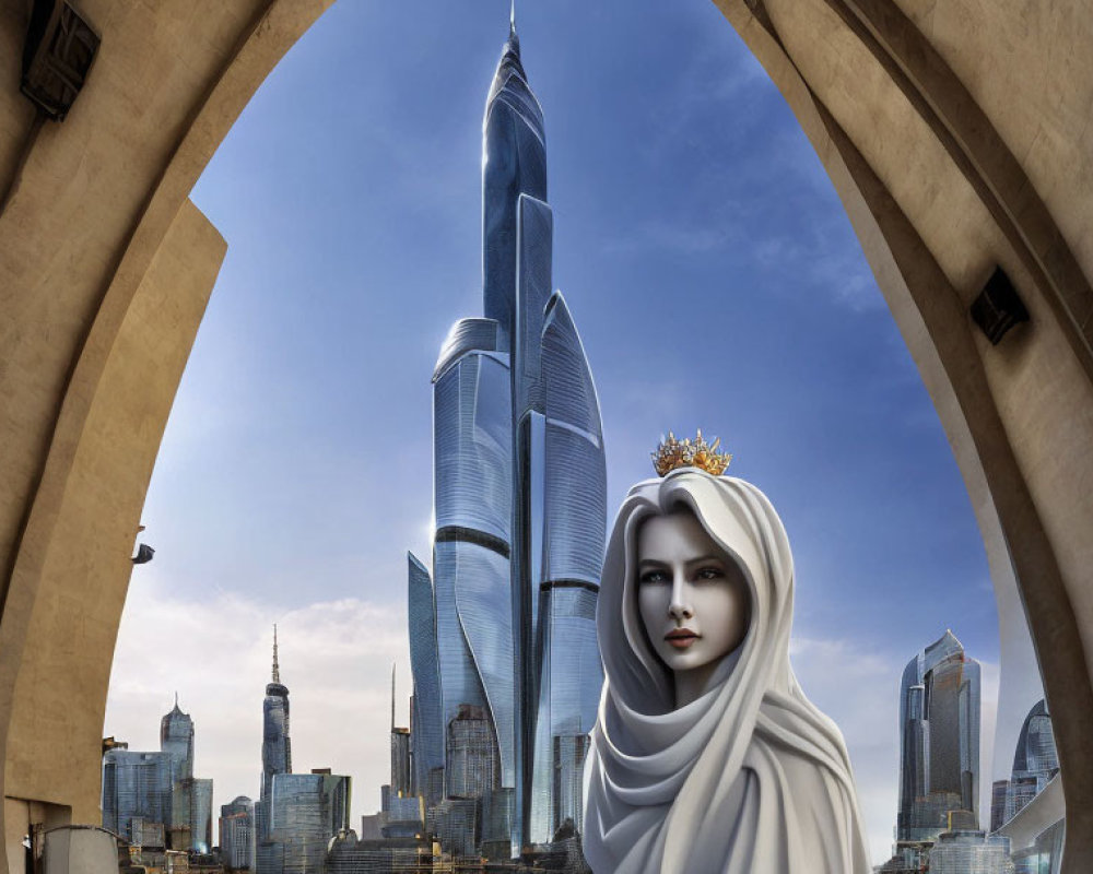 Woman in white hijab with futuristic cityscape and stone arches.