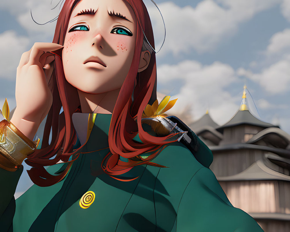 Red-haired female character in green outfit with freckles against blue skies and traditional buildings