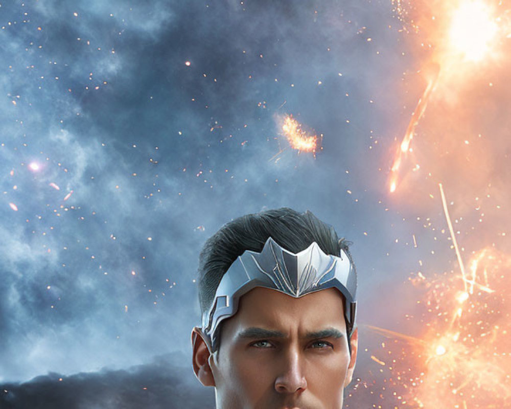 Futuristic silver armor man portrait against cosmic background