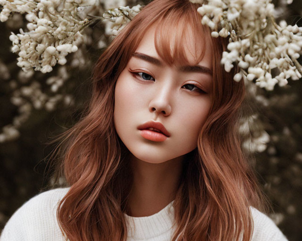 Woman with Wavy Hair under White Blossoms in White Sweater