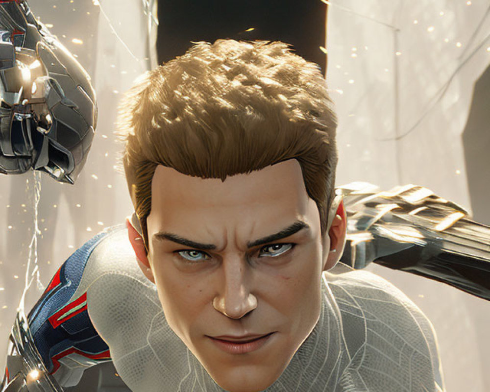 Detailed Close-Up of Male Character in White Spider-Man Suit with Dark Figure in Background