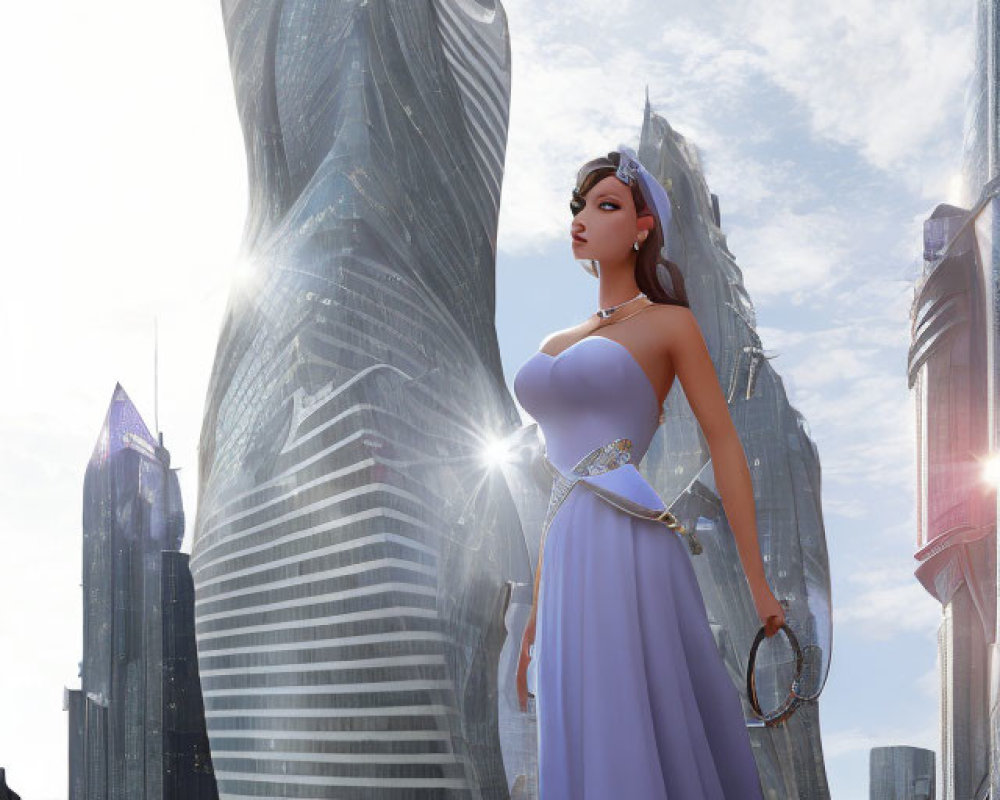 Elegant Woman in Purple Gown Against Skyscrapers