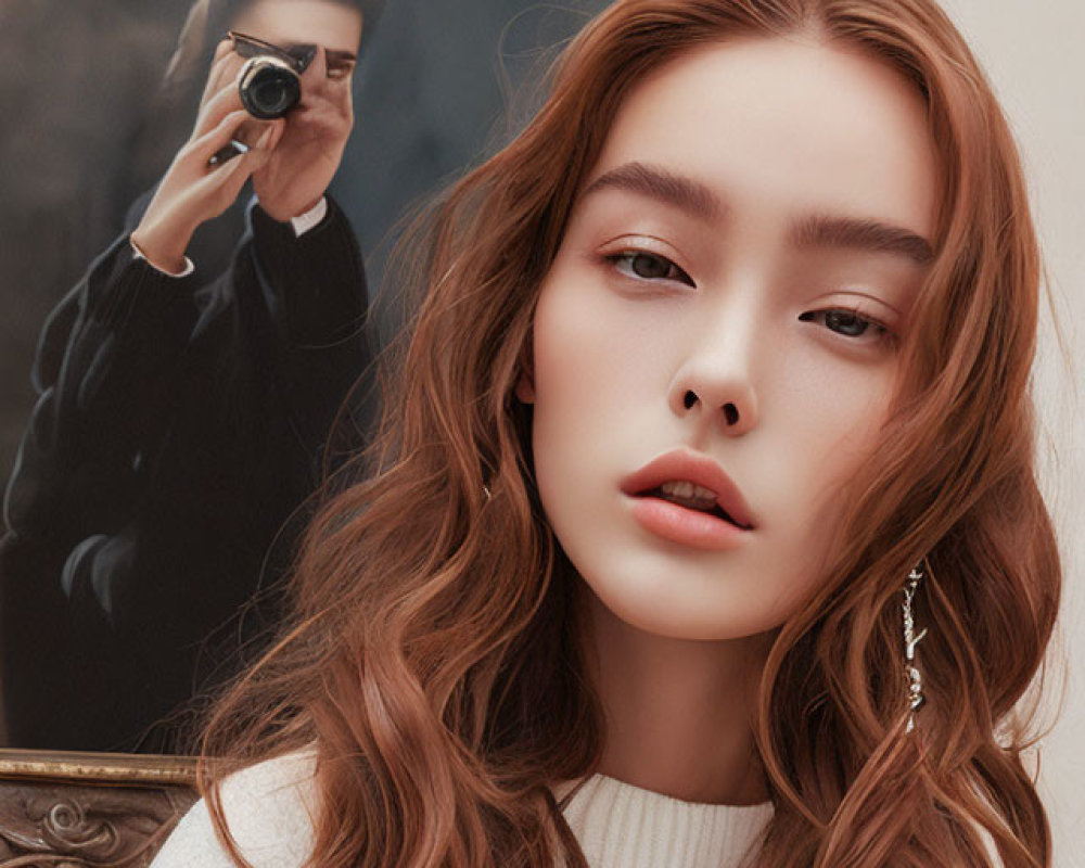 Woman with wavy hair poses for photo in front of mirror and man.