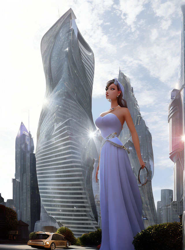 Elegant Woman in Purple Gown Against Skyscrapers