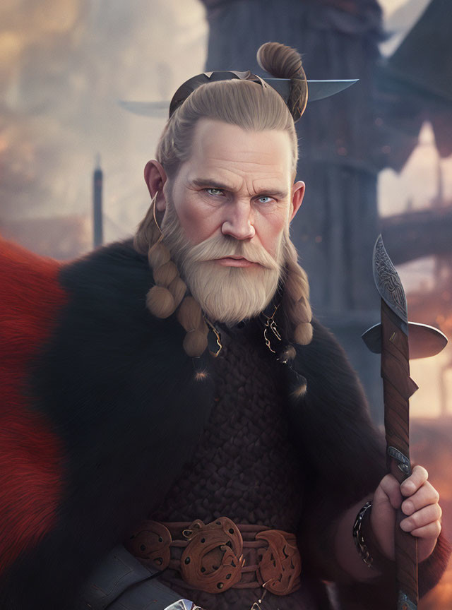 Fantasy Viking warrior with braided beard and spear in fur cloak.