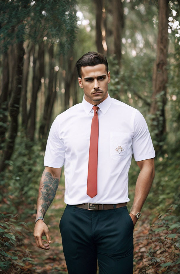 Man in white shirt and red tie posing confidently in forested path with tattooed left arm