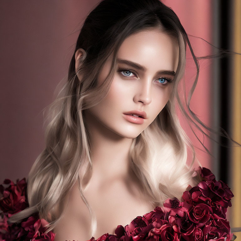 Woman with Blue Eyes and Blonde Hair in Red Rose Dress on Warm Background