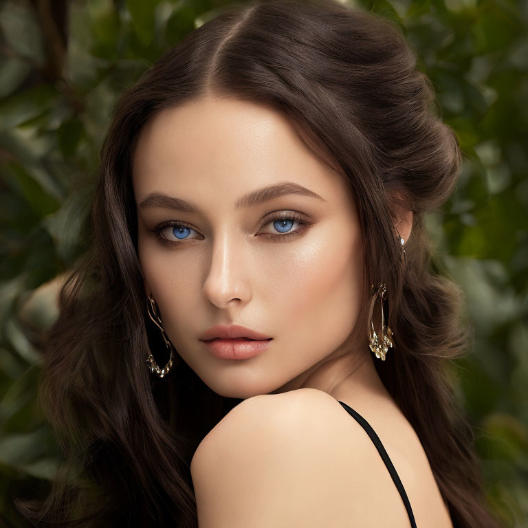 Portrait of Woman with Striking Blue Eyes and Dark Hair Against Green Foliage