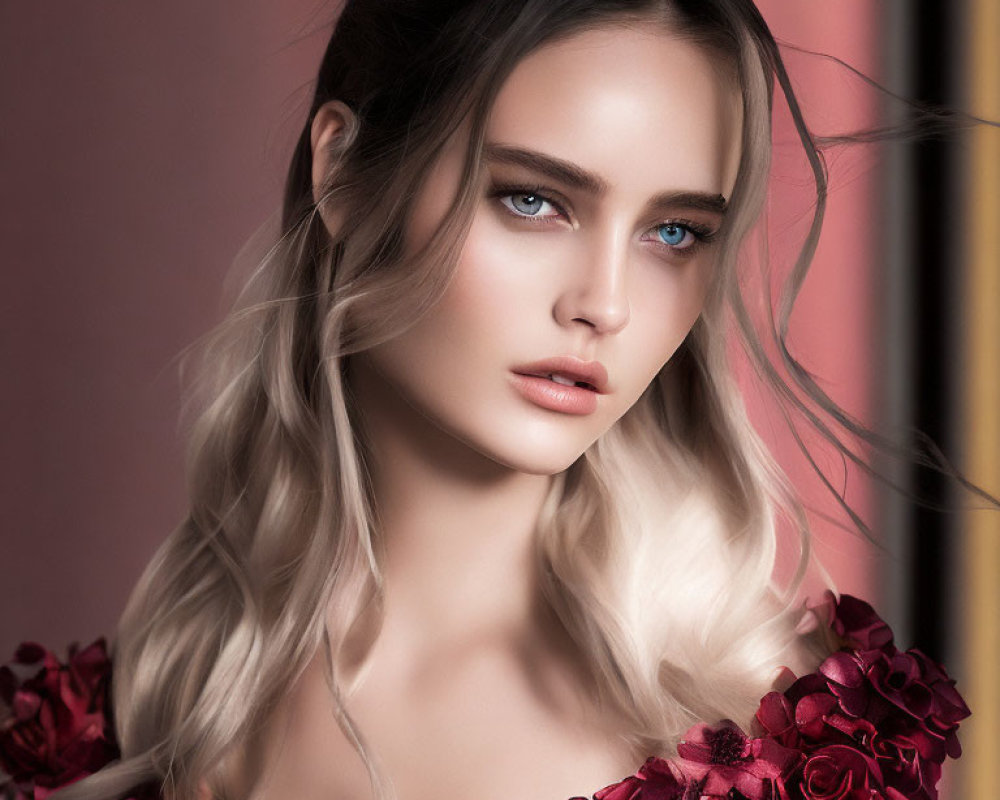 Woman with Blue Eyes and Blonde Hair in Red Rose Dress on Warm Background