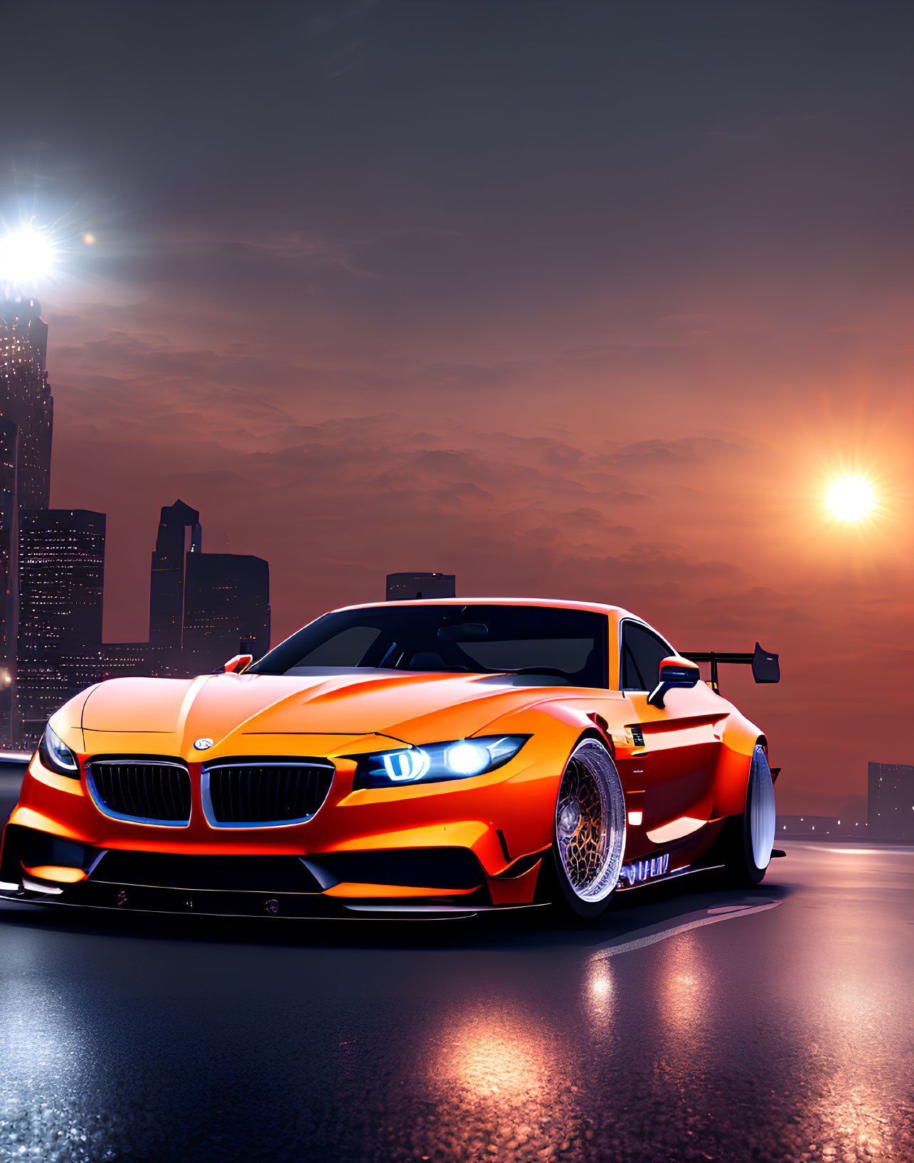 Orange Sports Car in Sunset Cityscape with Sleek Design