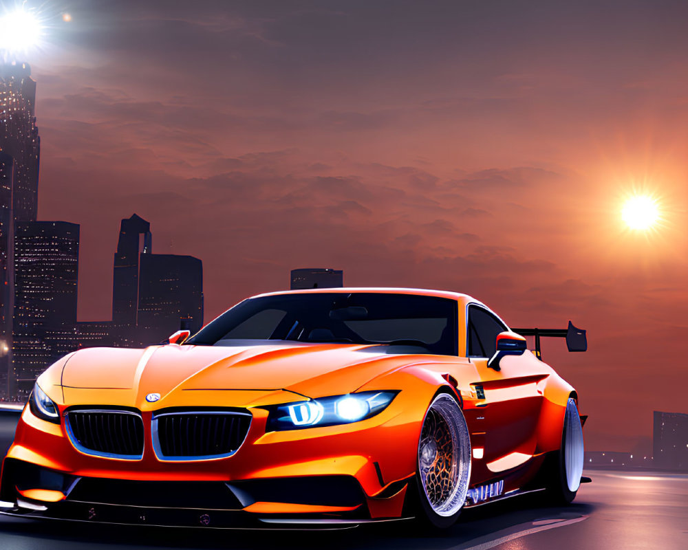 Orange Sports Car in Sunset Cityscape with Sleek Design