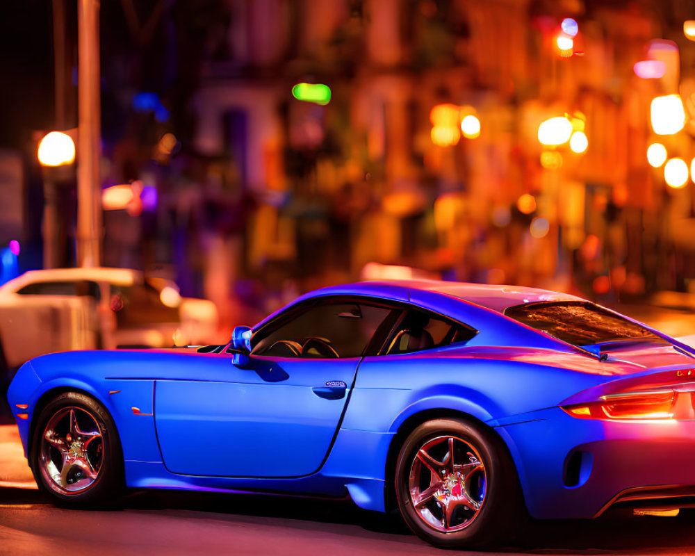 Blue sports car parked on city street at night with vibrant bokeh effects