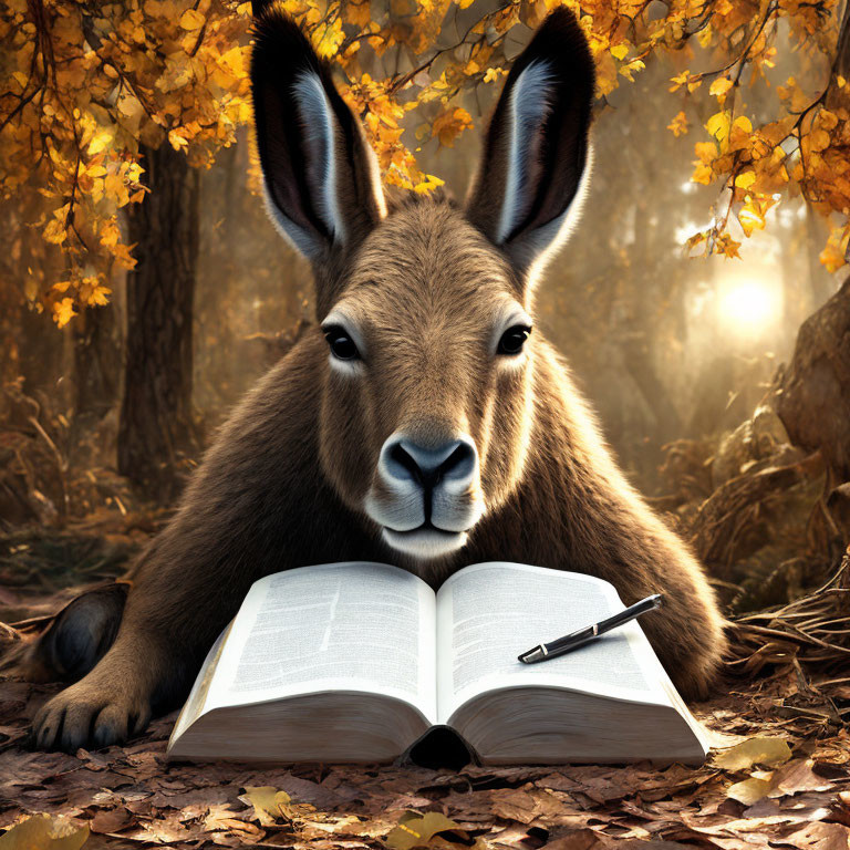 Kangaroo studying open book in autumn forest setting