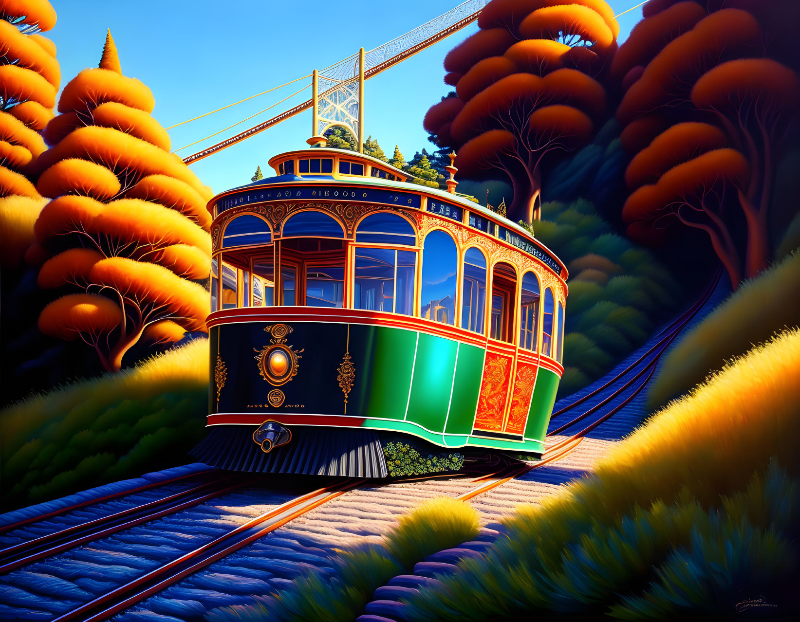 Colorful painting of cable car, trees, bridge under blue sky