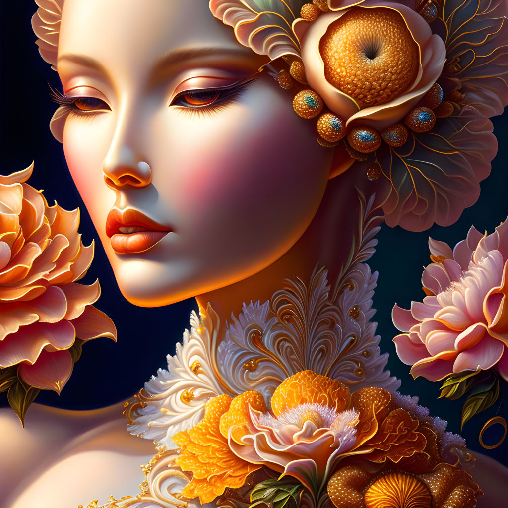 Ornate floral portrait of a woman in surreal elegance