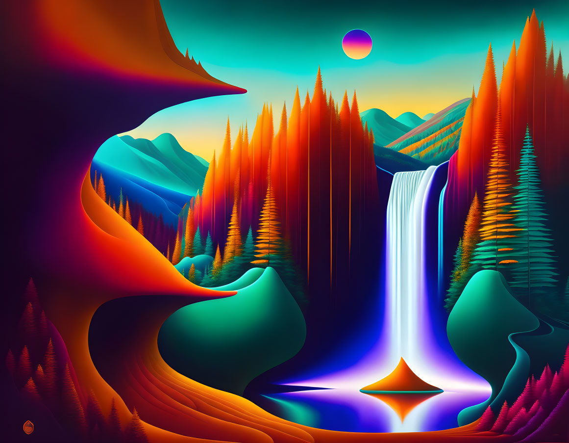 Colorful surreal landscape with waterfall, pine forests, hills, and pink sky