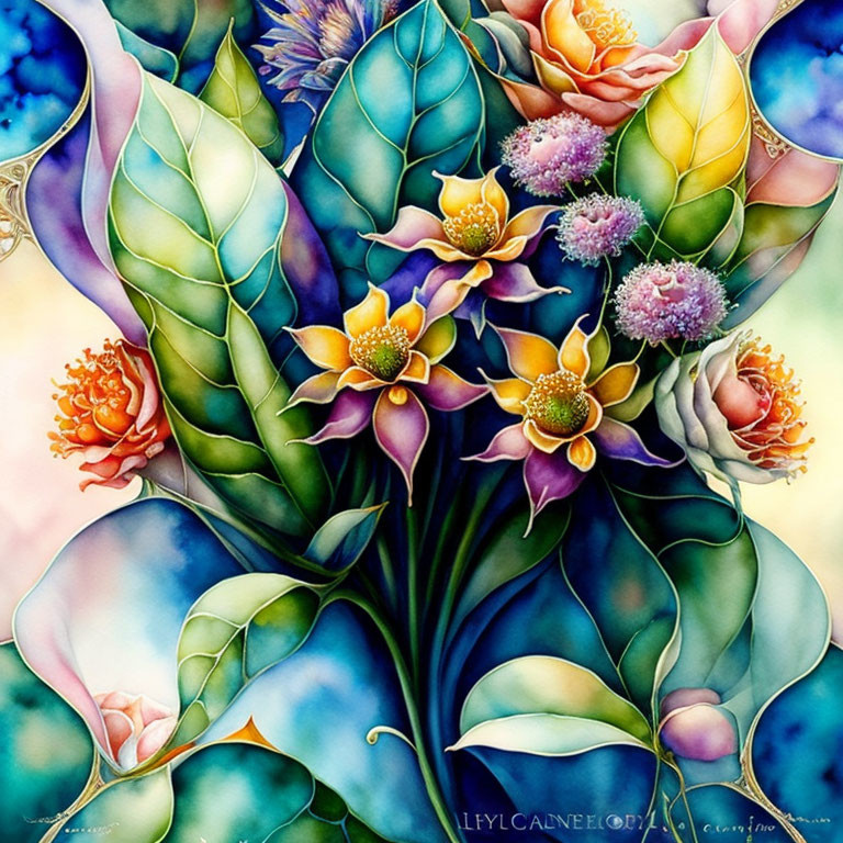 Colorful Stylized Flowers Painting on Multicolored Background