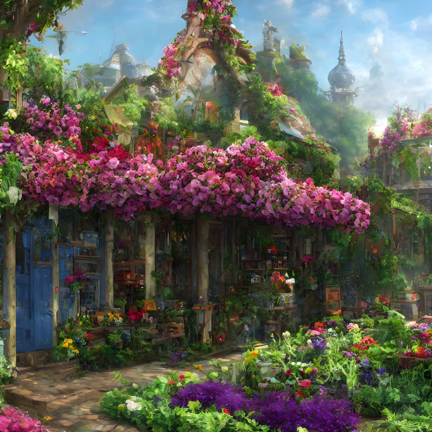 Colorful Flower Shop in Enchanting Sunlit Village