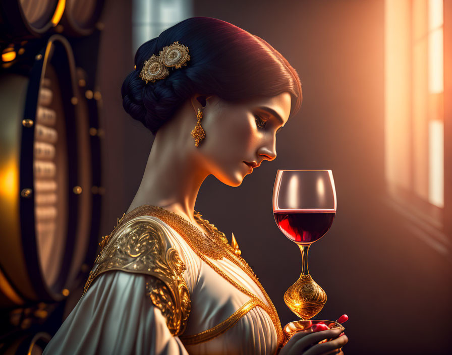 Woman in Gold-Adorned Dress with Updo Hairstyle Holding Wine Glass