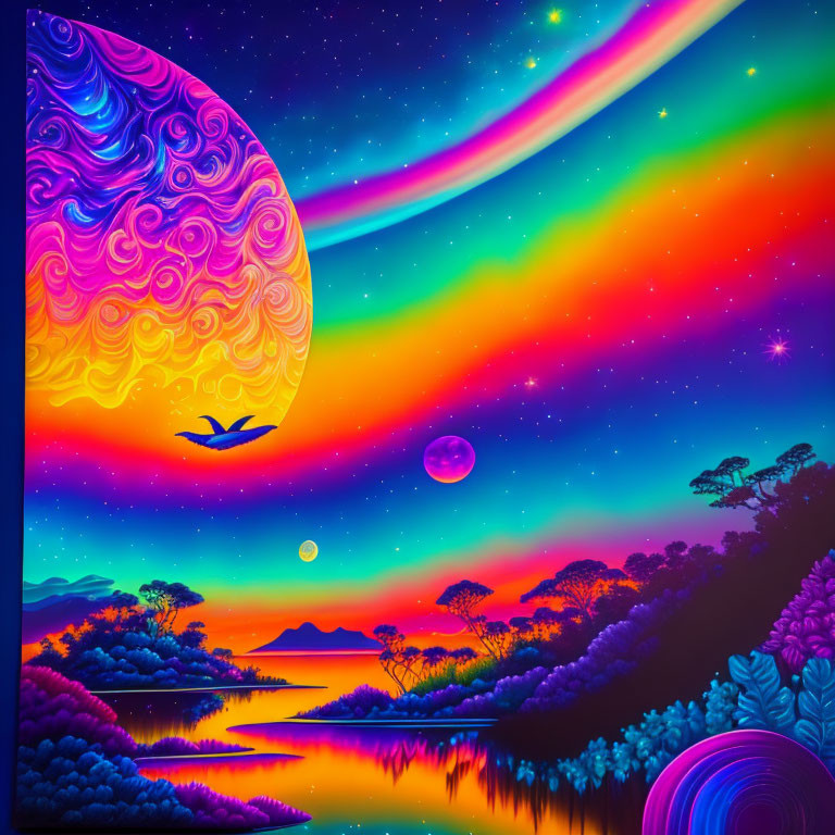 Colorful Psychedelic Landscape with Moon, Bird Silhouette, and River