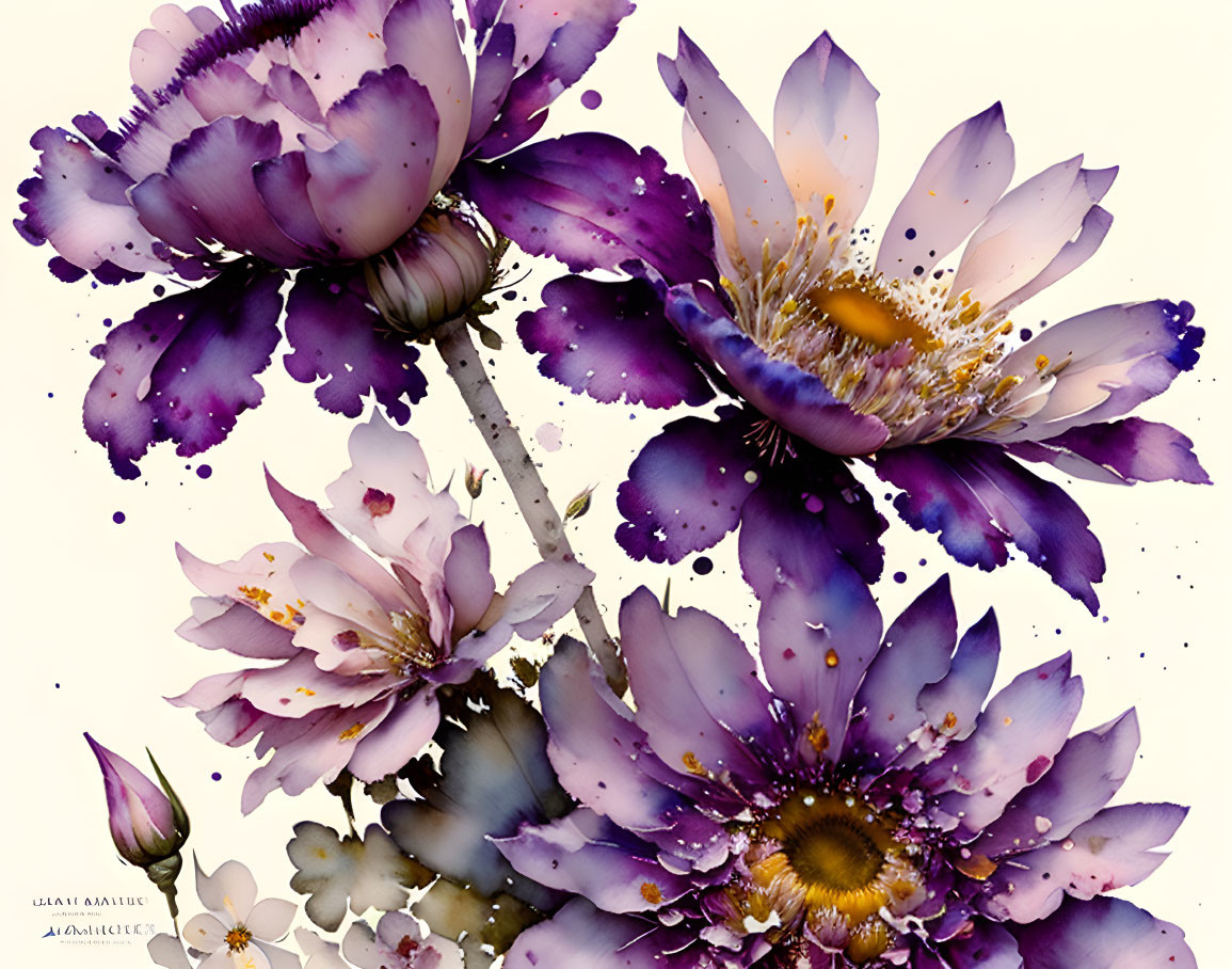 Purple and White Flower Digital Art with Ink Splatter Effects