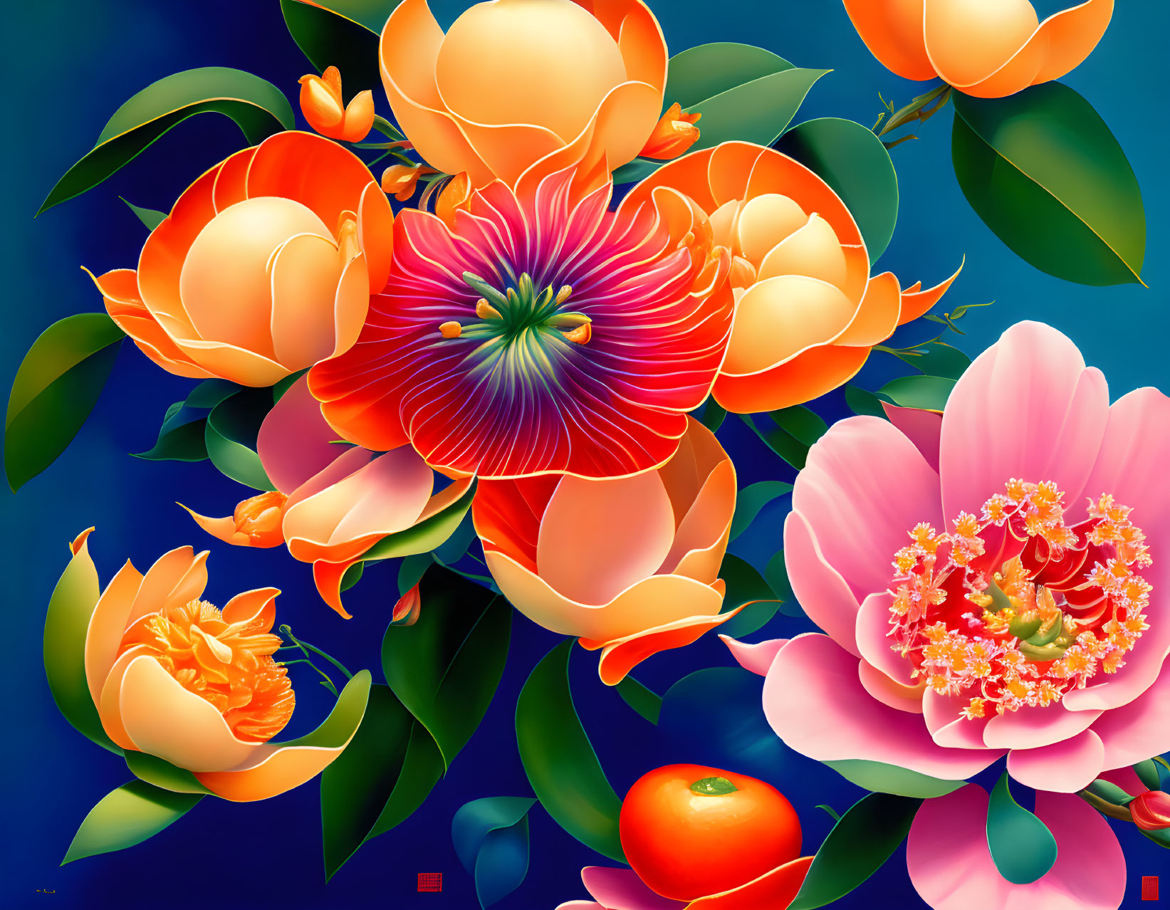 Colorful digital artwork featuring orange and pink blooming flowers on a deep blue background.