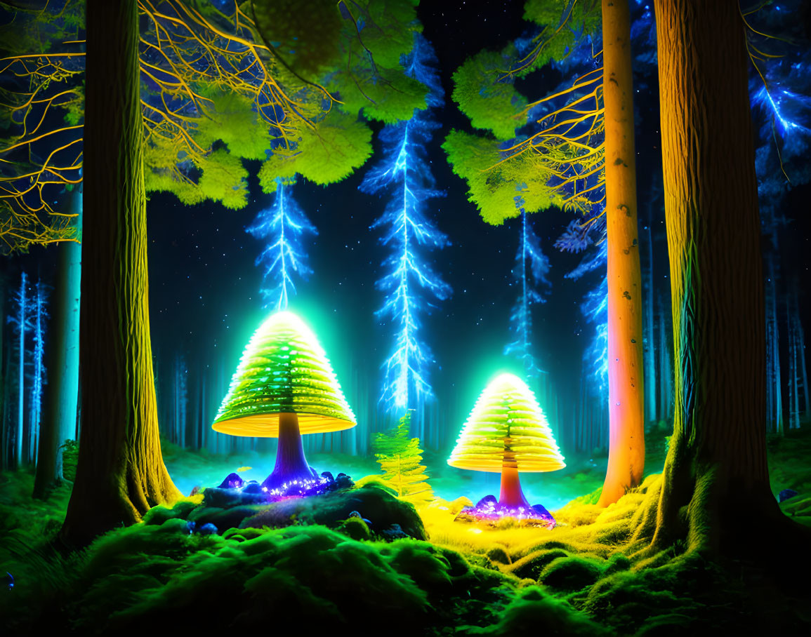 Enchanting forest scene with glowing mushrooms and starry sky