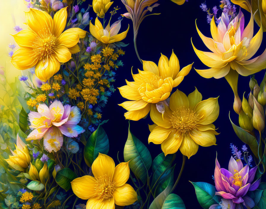 Colorful Floral Artwork: Yellow Blooms with Purple Flowers on Dark Background