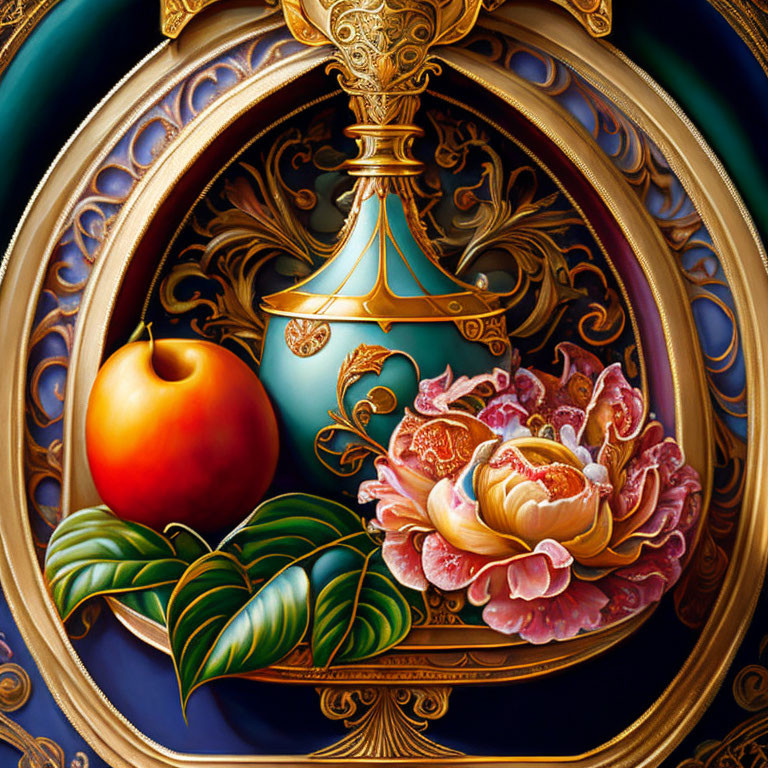 Detailed still life painting: blue vase, ripe peach, pink peony, green leaves on dark blue