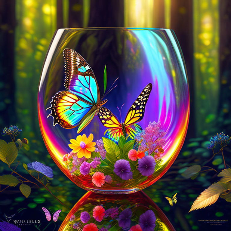 Colorful digital artwork: Butterflies, flowers, wine glass in enchanted forest