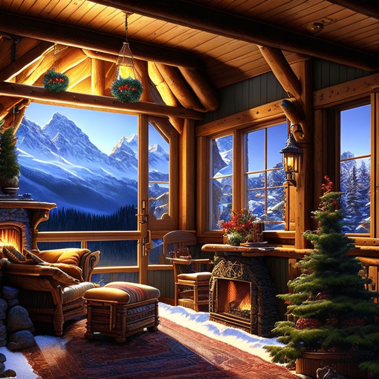 Rustic cabin interior with festive decor, fireplace, and snowy mountain view