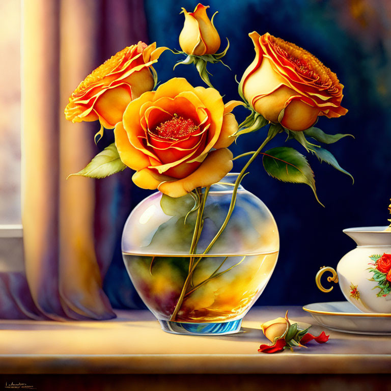 Colorful painting of yellow-orange roses in glass vase with teacup, blue curtain, and window