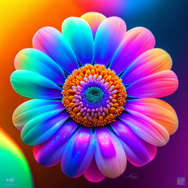 Colorful Daisy Image with Neon Petals on Multicolored Background