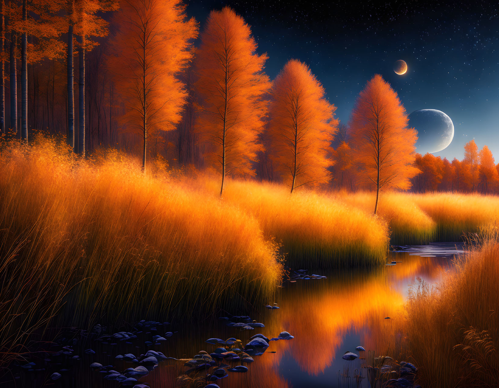 Autumnal scene: Orange trees, river, starry night sky