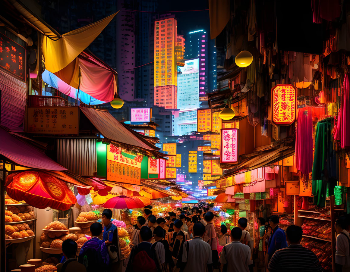 Colorful night market under neon lights in urban setting