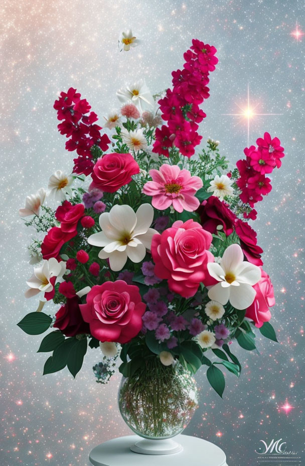 Colorful Pink and Red Flower Bouquet in Glass Vase on Starry Background