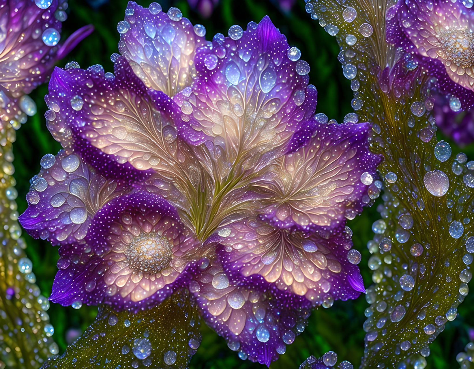 Vibrant Purple Flowers with Dewdrops on Dark Green Foliage